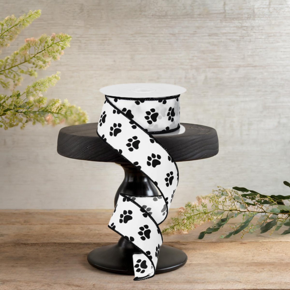 1.5&#x22; Satin Paw Print Ribbon: Black &#x26; White (10 Yards)