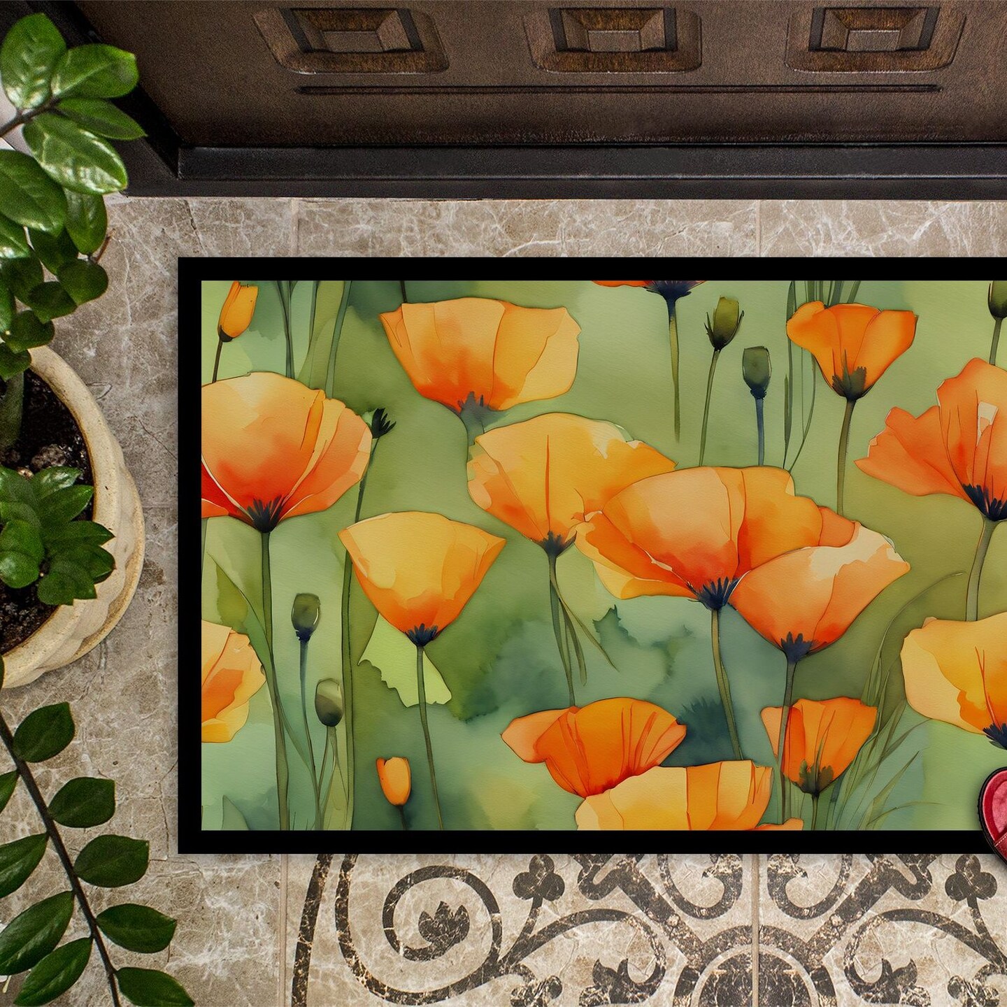 Edge Collections - 18" x 27" - Multicolor - California Poppies Doormat Indoor Outdoor Rug Non Slip Washable Low Pile - 1 Piece