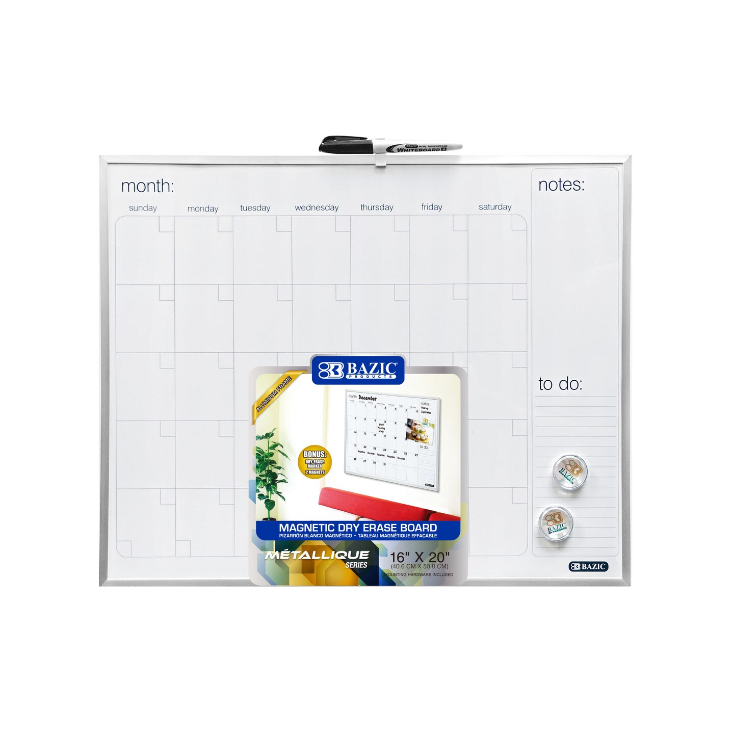 BAZIC METALLIQUE Aluminium Framed Magnetic Dry Erase Calendar 16" X 20"