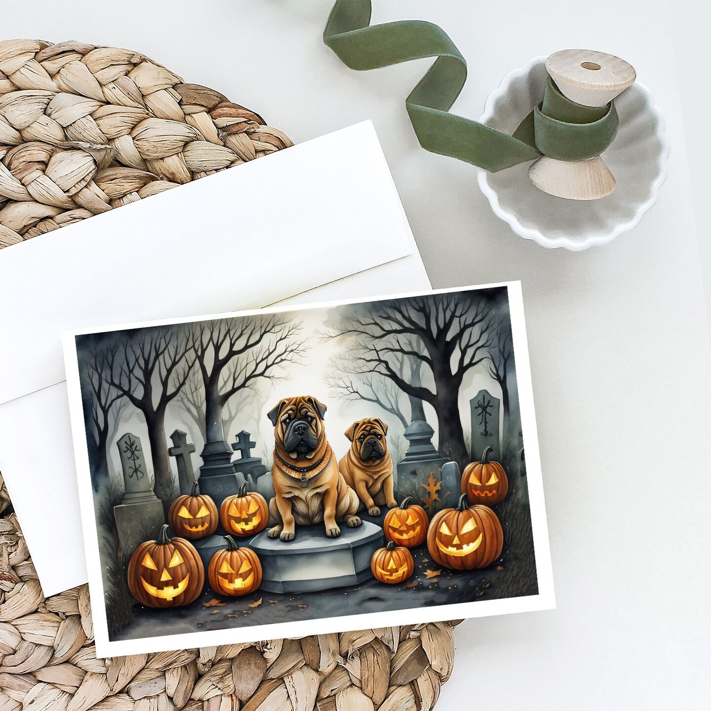 Edge Collections - 5" x 7" - Orange - Shar Pei Spooky Halloween Greeting Cards - 8 Pieces