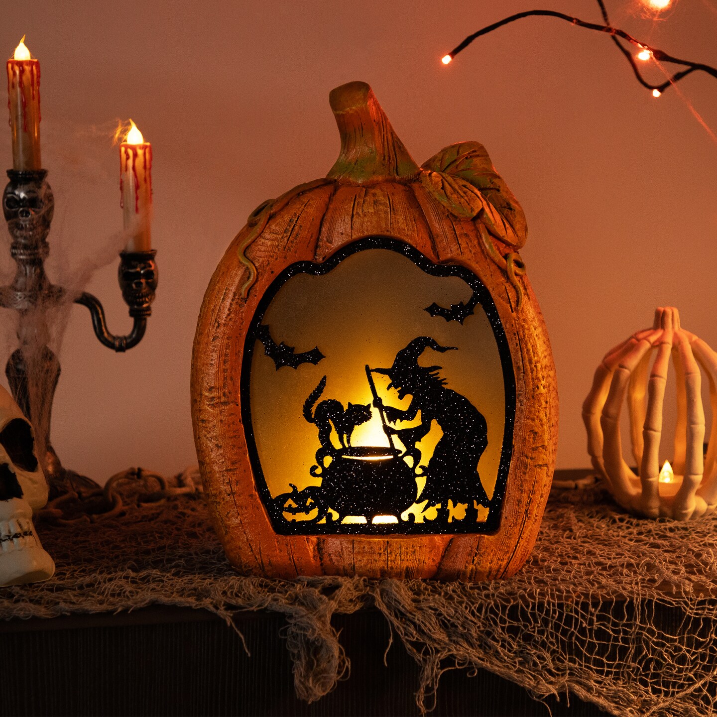 Northlight Witch Stirring Flickering Cauldron Scene Inside Pumpkin Halloween Decoration - 13&#x22; - LED Orange Light