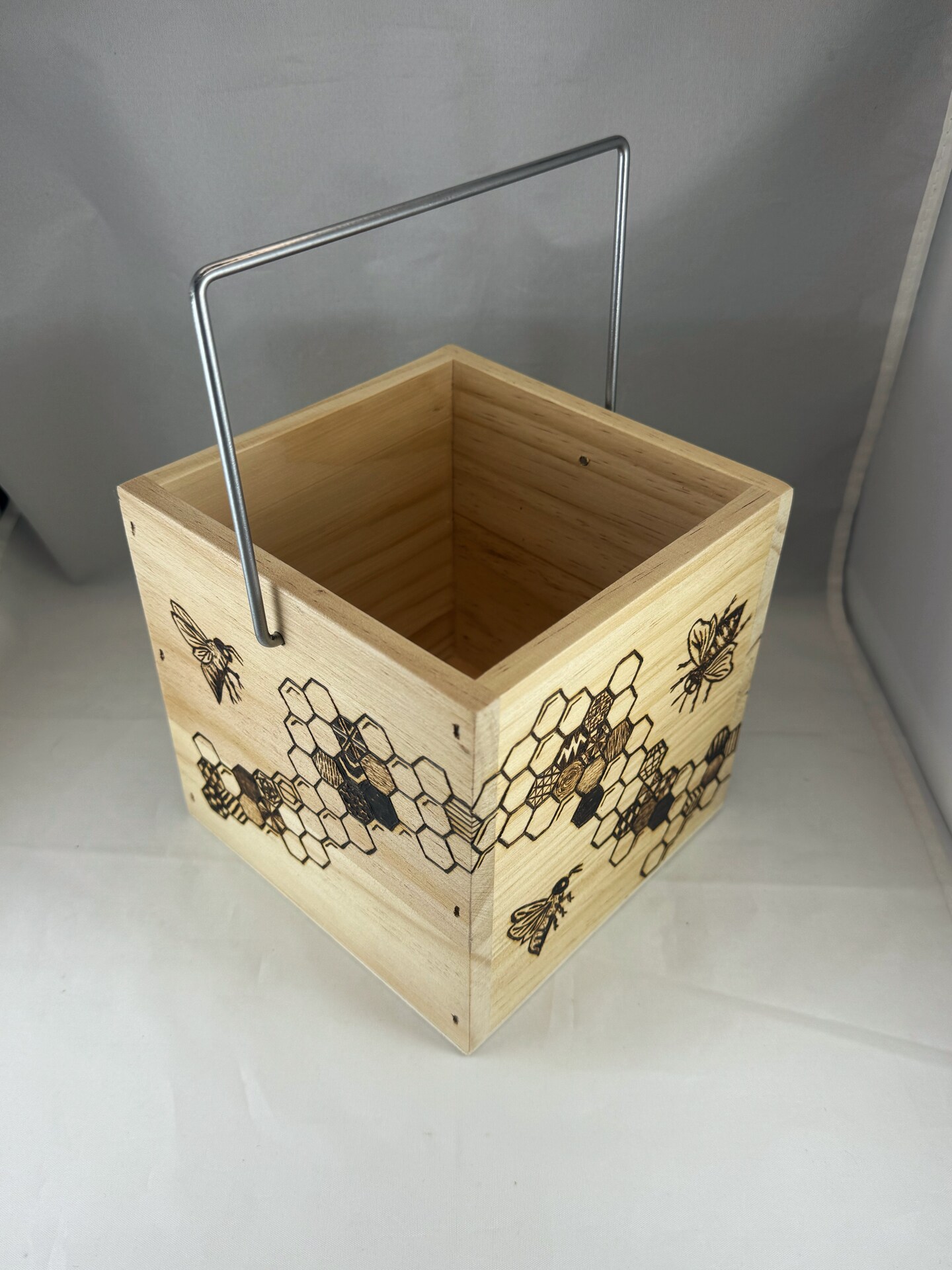 Honeybee Honeycomb Hexagons Square Wood Box w Handle, Pyrography