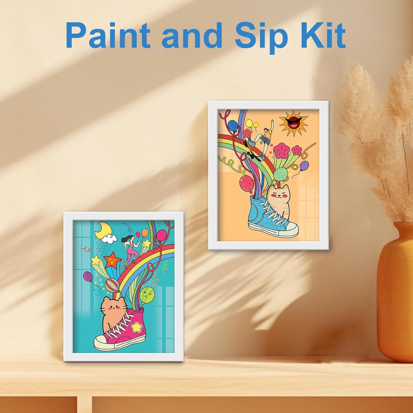 15 Pcs Sip and Paint Kit, 2 Pack Couples Painting Kit Date Night(Painting Kit with Easels)8" x 10"
