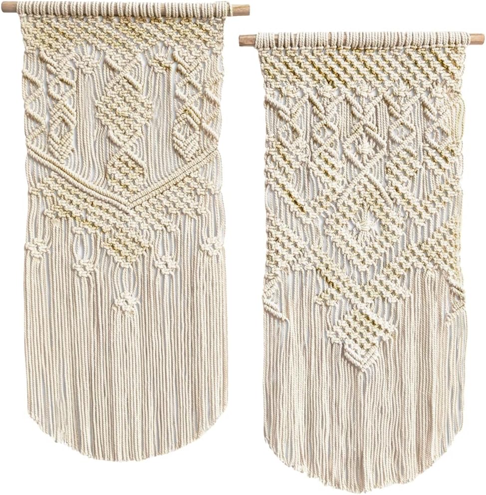 Set of 2 Boho Macrame Wall Hangings – Beige Woven Cotton Wall Décor for Farmhouse, Dorm, Nursery & Modern Home (24" L x 13" W)