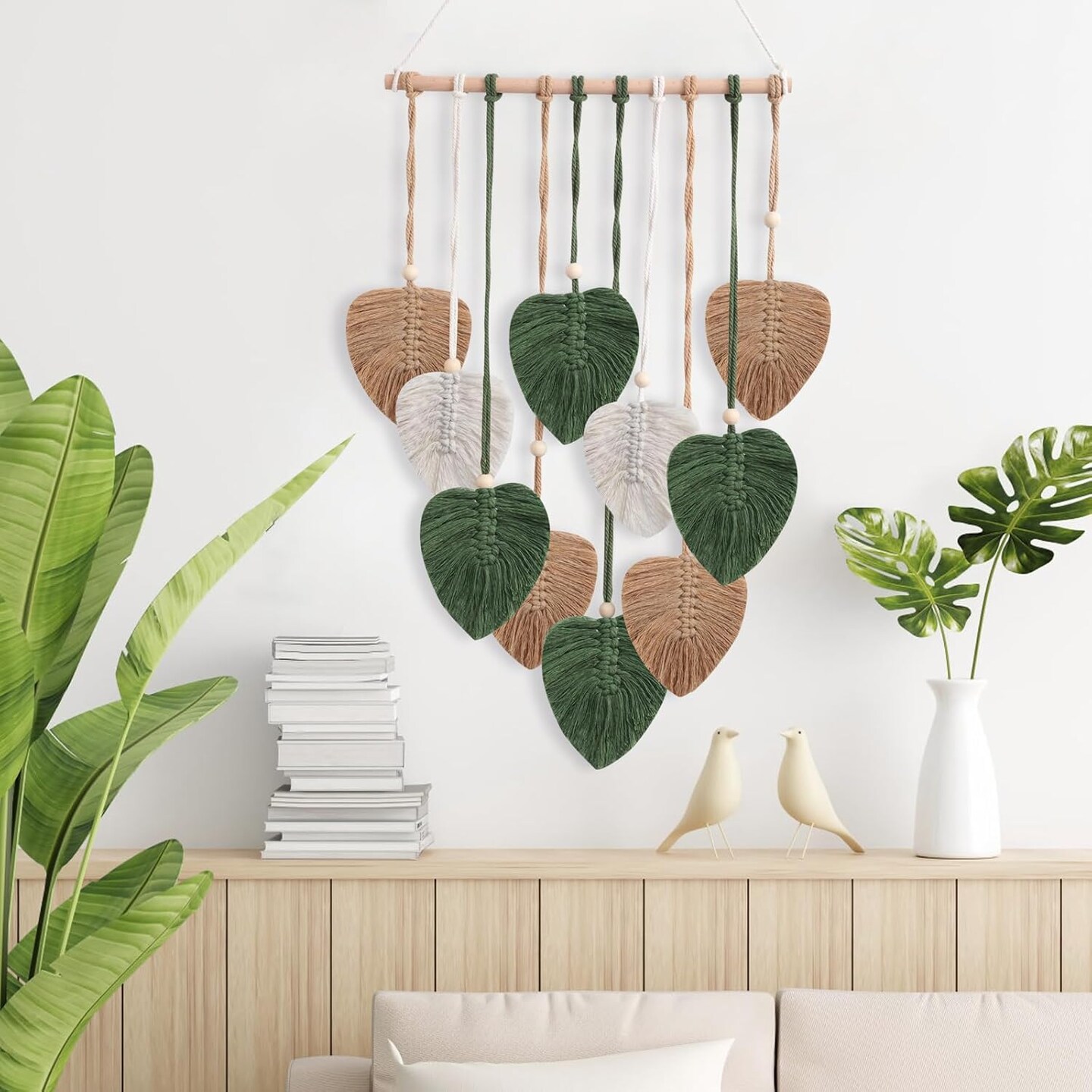 Wall Hanging Decor Leaves Tapestry, Boho Macrame Wall Hanging Tapestry Woven Feather Handmade Yarn Tassels Leaf Macrame Wall Art Decorations for Living, Bedroom, Office,Nursery,Apartment Room,16x26 Inch(Brown Green)