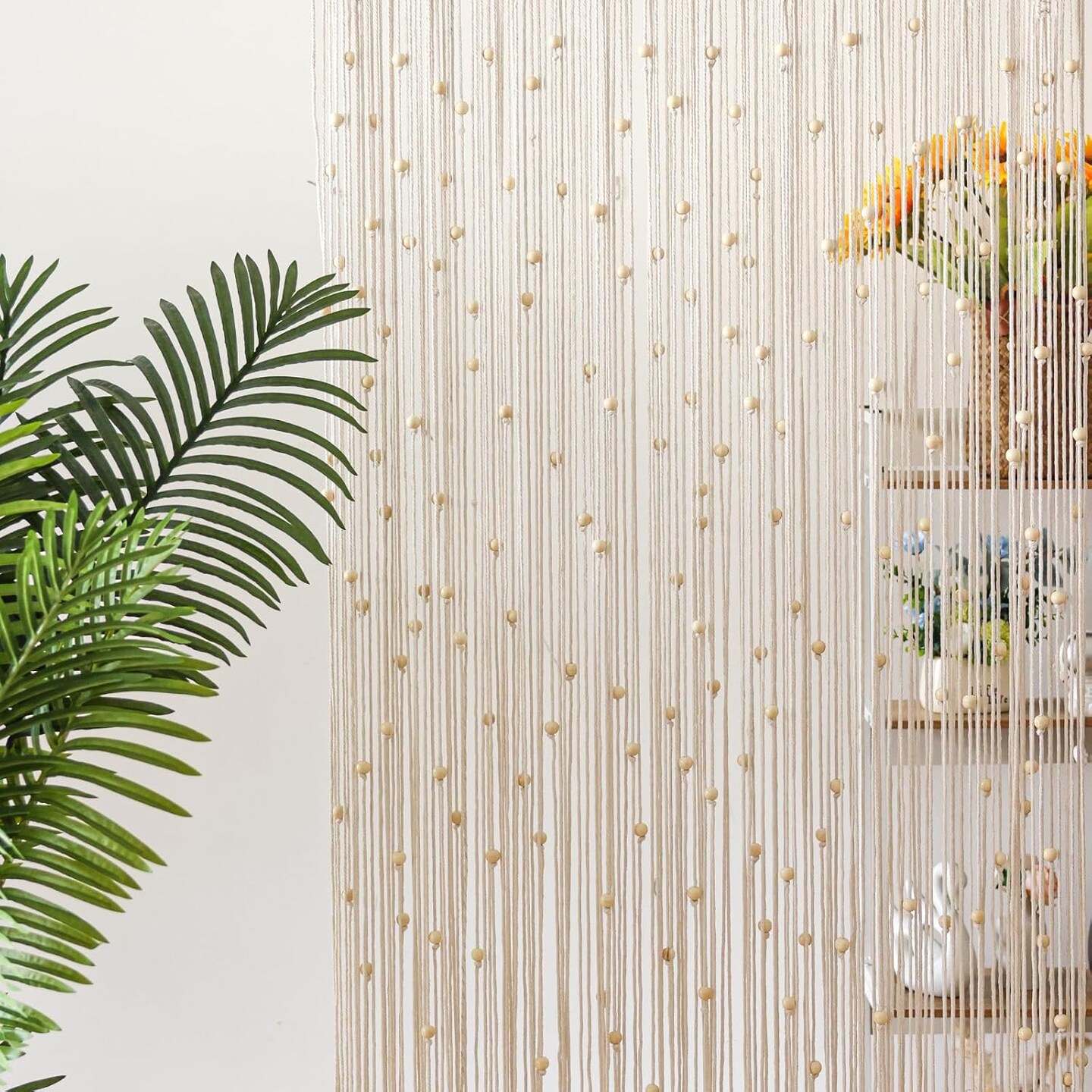Boho Macrame Beaded Curtain Handmade Door Closet Curtain with Wooden Beads for Window Doorway Open Closet Bedroom Living Room Privacy Decor, 79&#x22; L x 36&#x22; W, White
