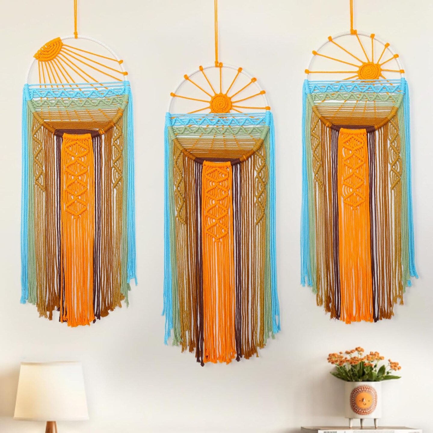 Macrame Wall Hanging Decor Boho Woven Tapestry Sunrise Dream Catcher with Colorful Tassel Sun Macrame Tapestries Wall Art Decor for Bedroom Nursery Living Room