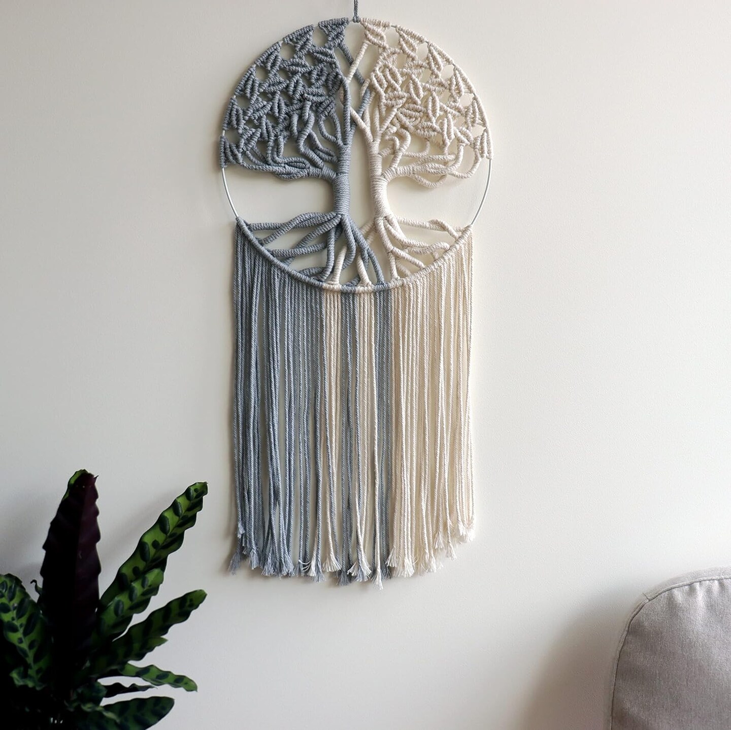 Tree of Life Macrame Wall Hanging,Chic Handmade Woven Boho Home D&#xE9;cor,Eclectic Wall Decor for Bedroom Nursery Apartment Dorm Decoration,Gift for Teen Girl Mom(13&#x22; W X 31.5&#x22; L) (Grey&#x26;White)