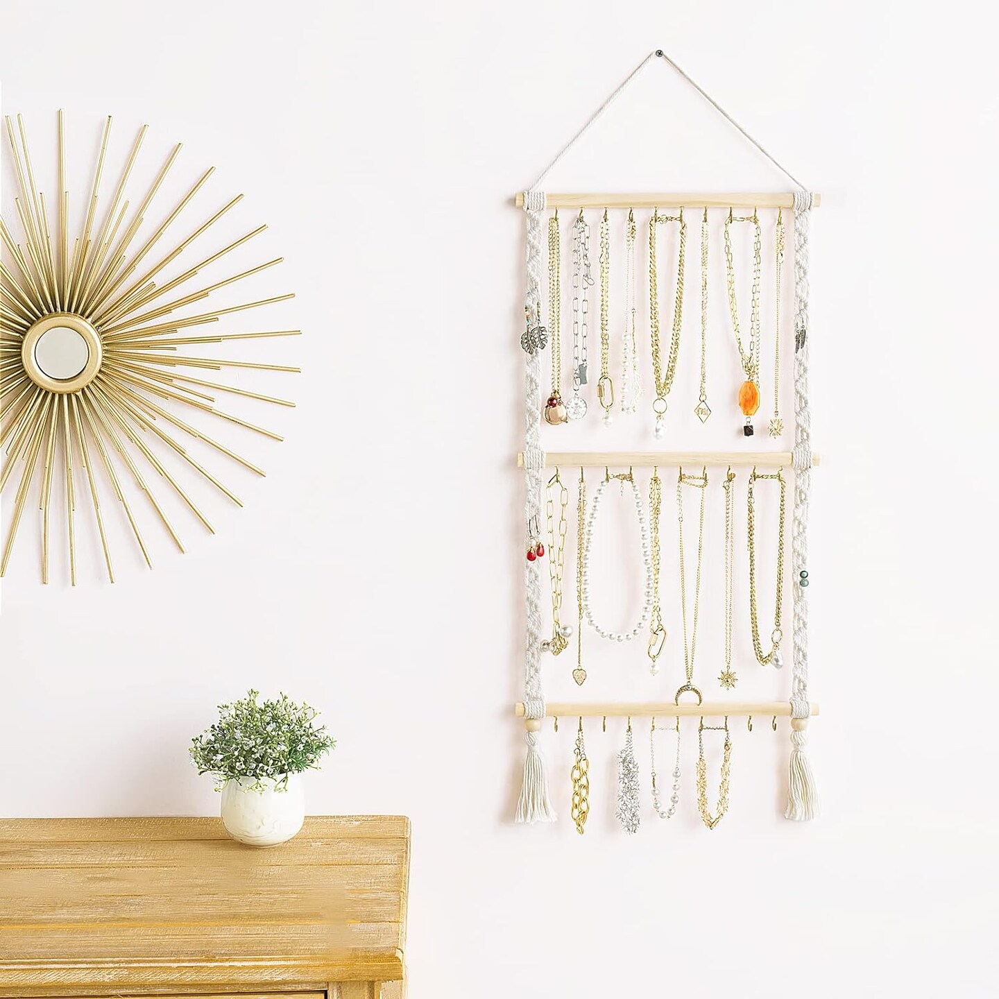 Boho Macrame Jewelry Organizer – Wall or Over-Door Necklace Holder with 30 Hooks, Tassel Design for Necklaces, Bracelets, Earrings, Headbands, and Bows