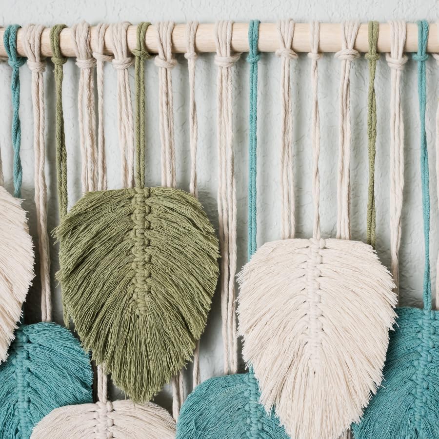 Large Macrame Wall Hanging Leaves - Chic Bohemian Handmade Woven Tapestry Wall Hanging Leaf Wall Art, Feather Boho Wall Decor for Living Room Nursery Bedroom, 39"W X 31"L (Sage Green, Green, Beige)
