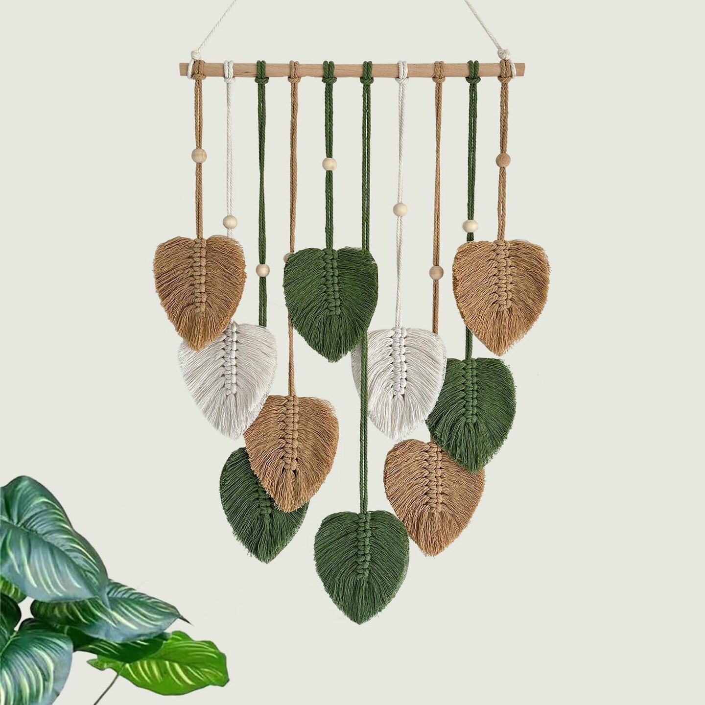 Macrame Wall Hanging Nursery Decor Leaves Woven Tapestry Feather Handmade Yarn Tassels Boho Wall Decor Leaves Art Decorations for Nursery Bedroom Living Room Apartment Home Backdrop (Green)