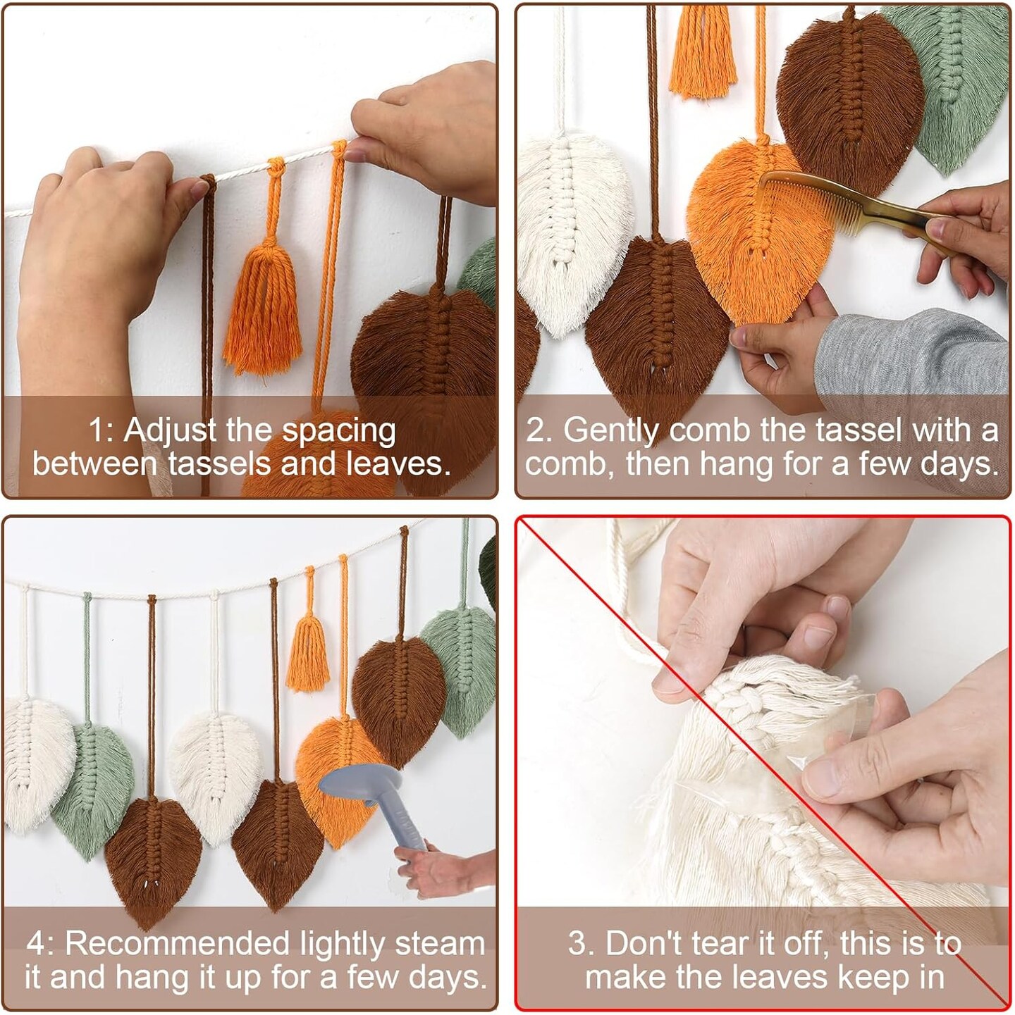 Macramé Wall Hanging – Boho Woven Tapestry with Colorful Leaf & Feather Design, Handmade Yarn with Tassels, Chic Bohemian Wall Art for Nursery, Bedroom, or Living Room Backdrop