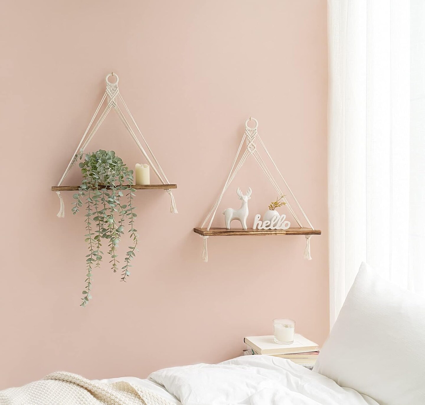 Macrame Hanging Shelves Boho Wall Decor Set of 2 Rustic Wood Floating Storage Shelf for Bedroom Bathroom Living Room Nursery Dorm Room, Display Shelving for Hanging Plants Photos