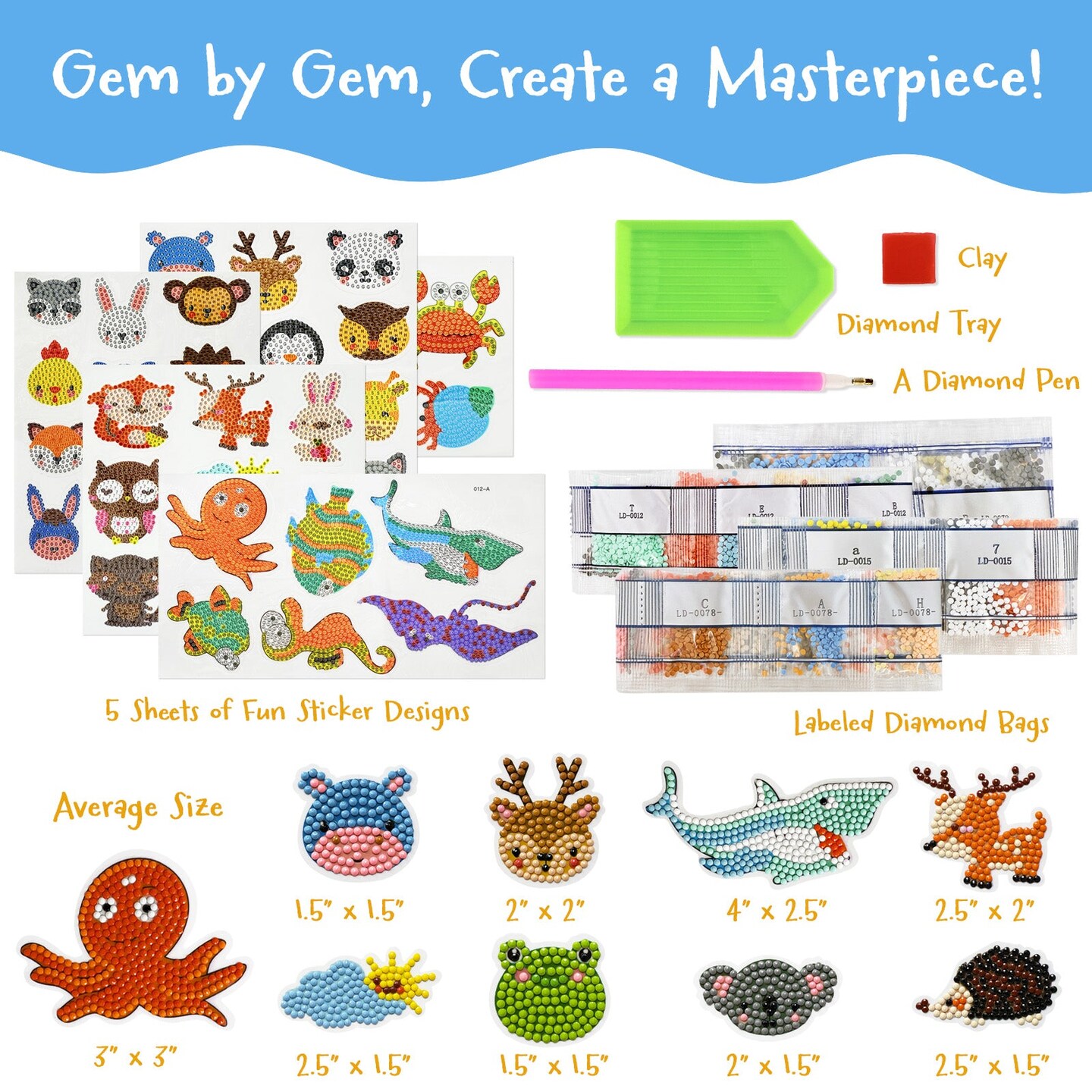 Wrapables Diamond Art Kits, 5D Gem Painting DIY Arts & Crafts Stickers, 44pcs Assorted Animals