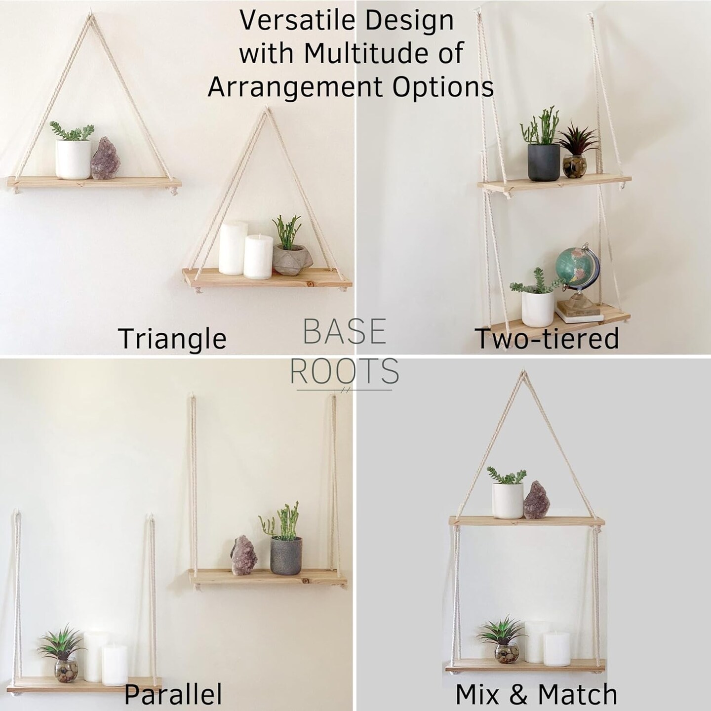 Macrame Wall Hanging Shelves, Floating Shelves Boho Rope, Lightweight Rustic Wood, Triangle Floating Shelves Easy Hanging Shelves no Drill Set of 2