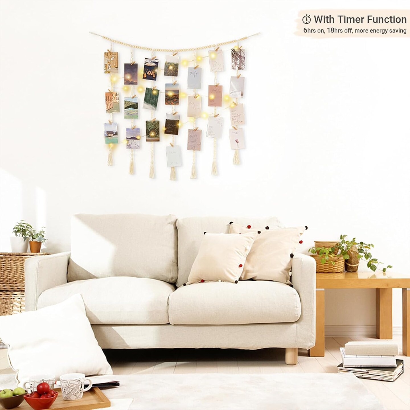 Macrame Hanging Photo Display Wall Decor with String Lights, Boho Wooden Beads Garland Collage Picture Card Frame Holder with 45 Clips