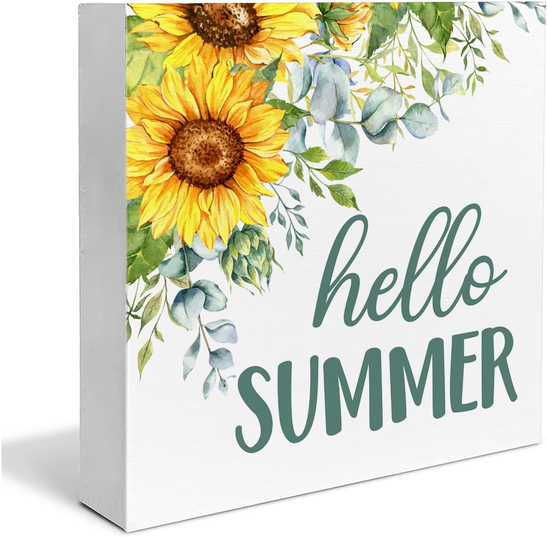 Summer Home Decor, Sunflower Hello Summer Decor Desk Sign Rustic Wooden Block Sign Home Shelf Wall Decoration