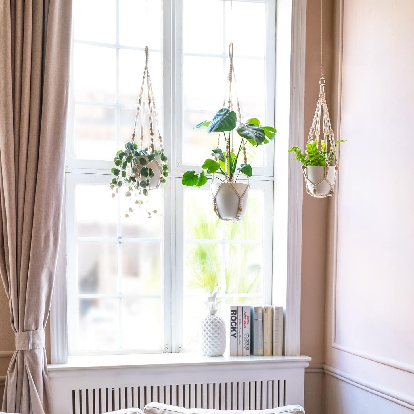 Macrame Plant Hanger Indoor Hanging Planter Basket with Wood Beads Decorative Flower Pot Holder No Tassels for Indoor Outdoor Boho Home Decor 35 Inch, Ivory, Set of 1 (POTS NOT Included)