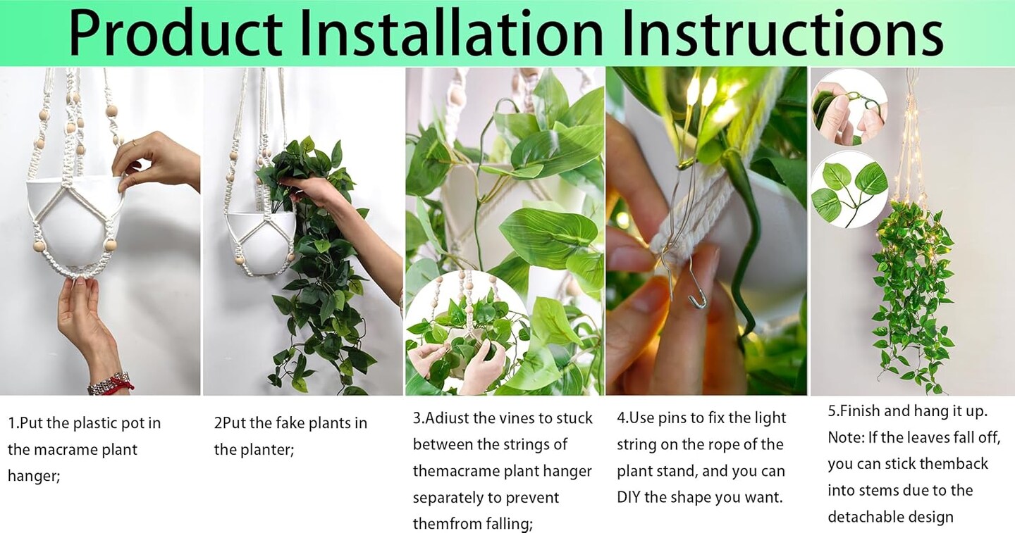 Macrame Plant Hanger with Fake Vines Faux Hanging Planter for Wall Ceiling Bedroom Bathroom Kitchen Office Boho Decor Indoor