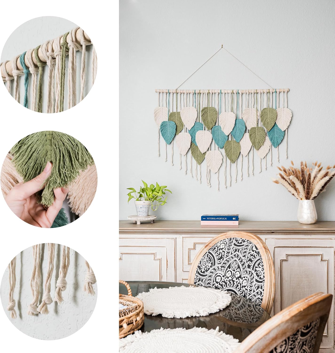Large Macrame Wall Hanging Leaves - Chic Bohemian Handmade Woven Tapestry Wall Hanging Leaf Wall Art, Feather Boho Wall Decor for Living Room Nursery Bedroom, 39&#x22;W X 31&#x22;L (Sage Green, Green, Beige)