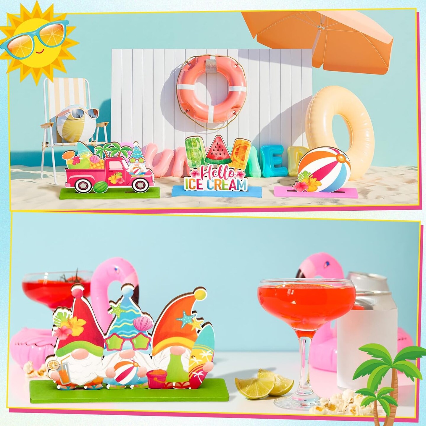6 Pcs Hello Summer Table Decorations Sign Summer Gnome Wooden Table Centerpieces Beach Hawaii Table Decor Ice Cream Colorful Table Topper Sign