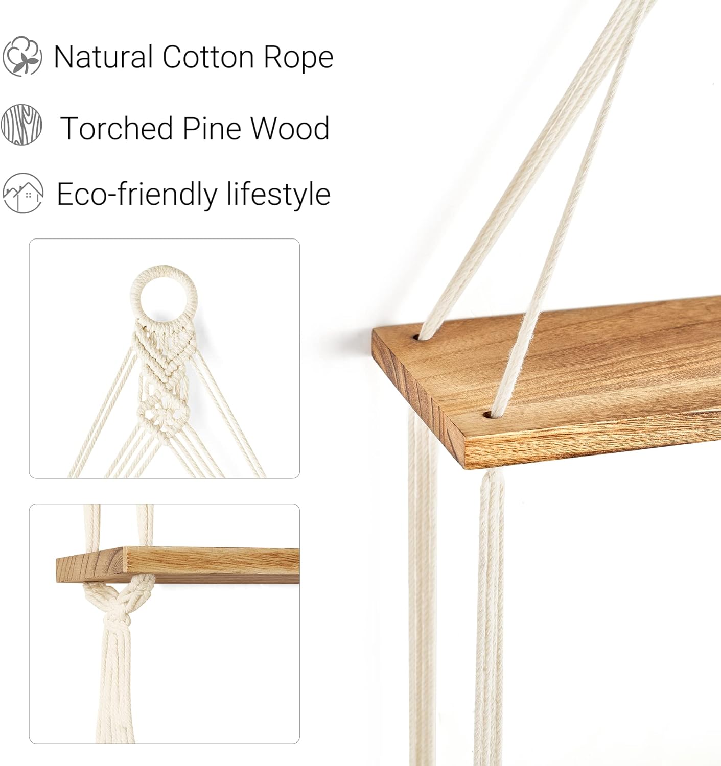 Macrame Hanging Shelf Boho Wall Decor 2 Tier Handmade Cotton Rope Rustic Wood Floating Shelves Display Photos Plants Hanging Storage Shelving for Living Room Nursery Bathroom Bedroom