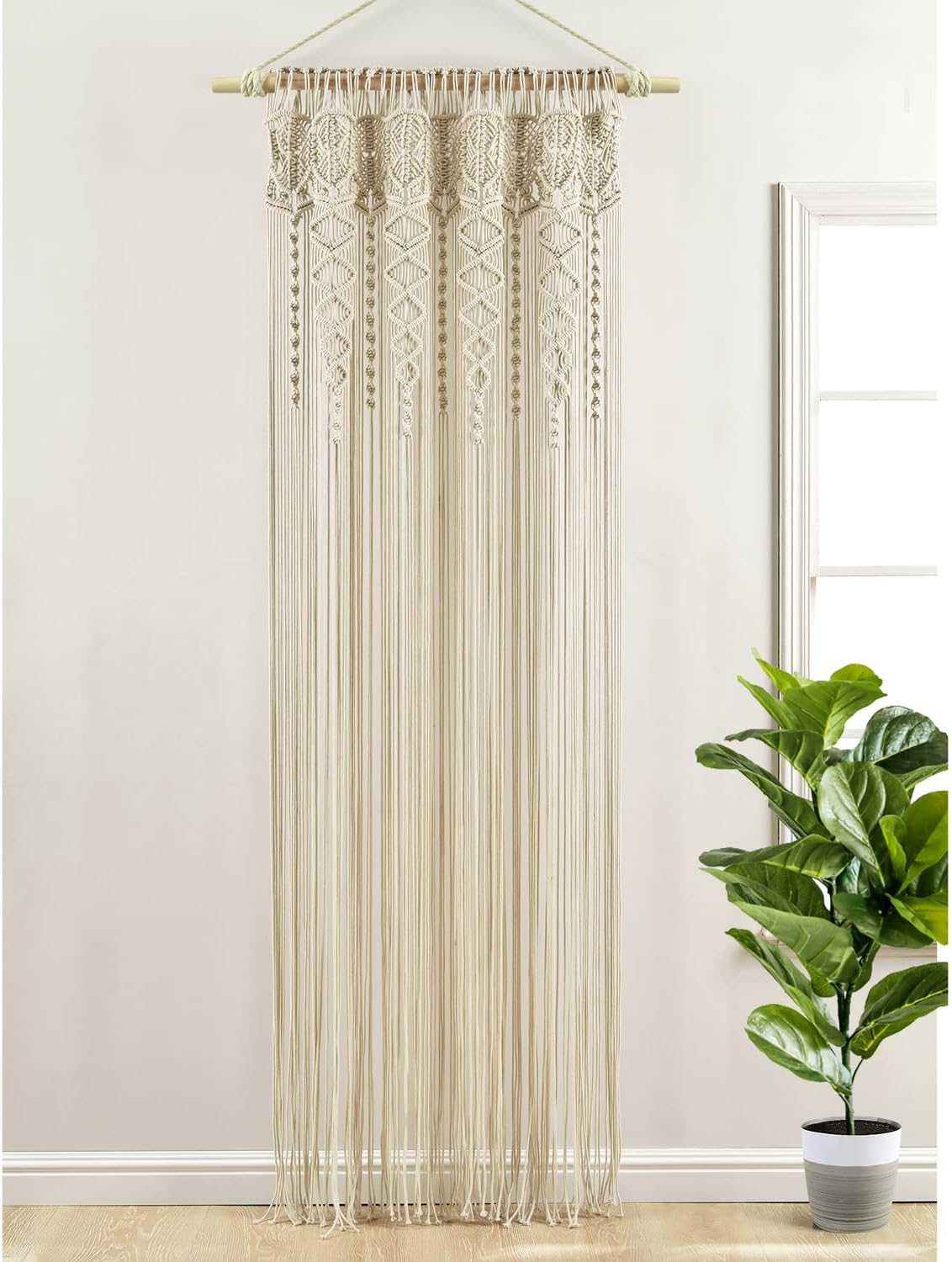 Boho Macrame Textured Cotton Window Curtain Panel, 40" W x 95" L, Neutral Room Divider - Wedding Or Wall Decor
