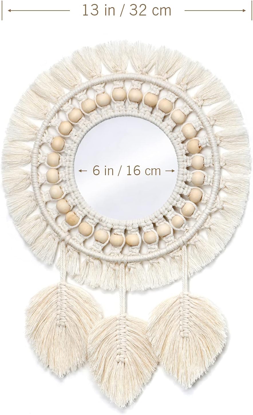 Boho Hanging Wall Mirror – Round Macramé Fringe Decorative Mirror with Wood Beads and Feather Pendant, Artistic Accent for Apartment, Home, Bedroom, or Living Room