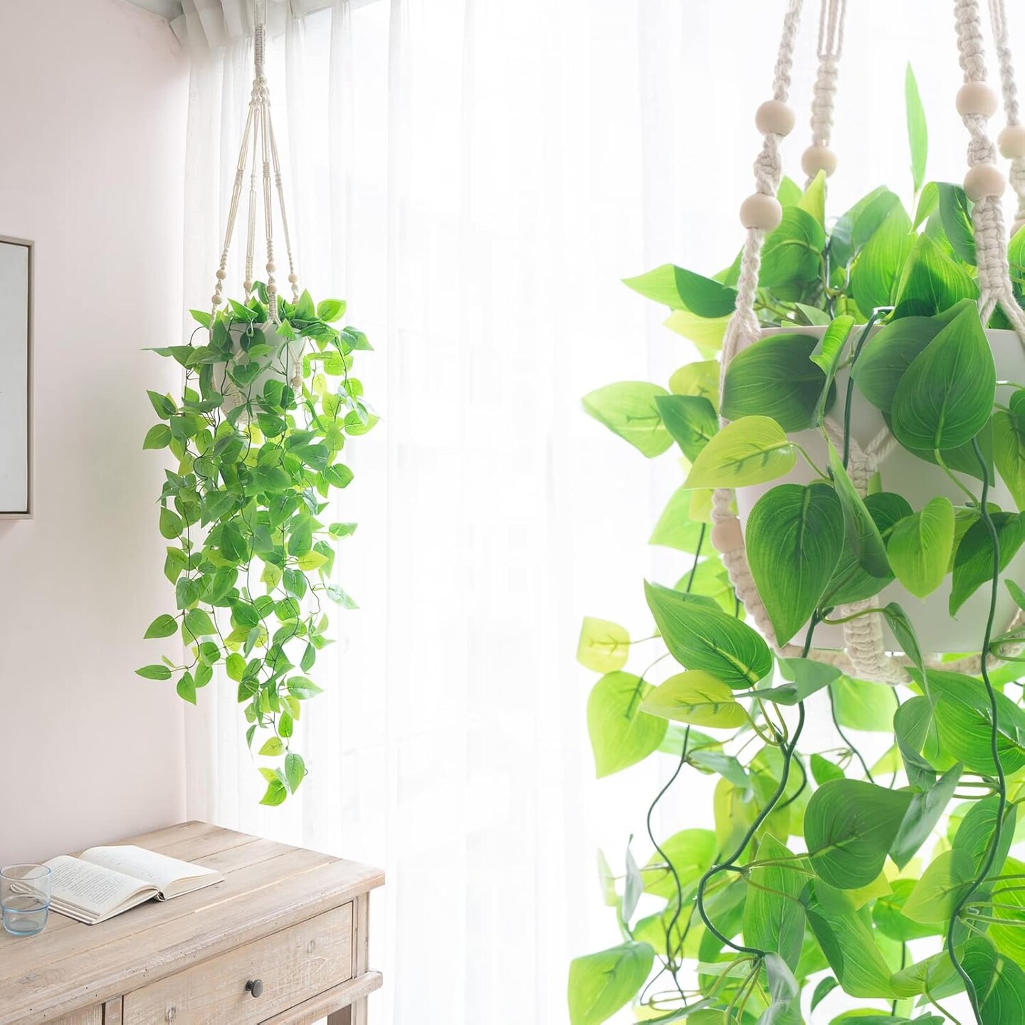 3 Pack Macrame Plant Hangers Indoor Different Size Hanging Planter Basket Flower Pot Holder with Beads No Tassels 35&#x22;/29&#x22;/23&#x22;, Medium, Ivory