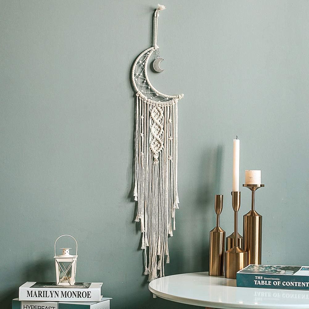 Dream Catcher with Handmade Moon & Star Design – Boho Macramé Wall Hanging in White, Woven Cotton Décor for Home, Ornament, or Gift Craft