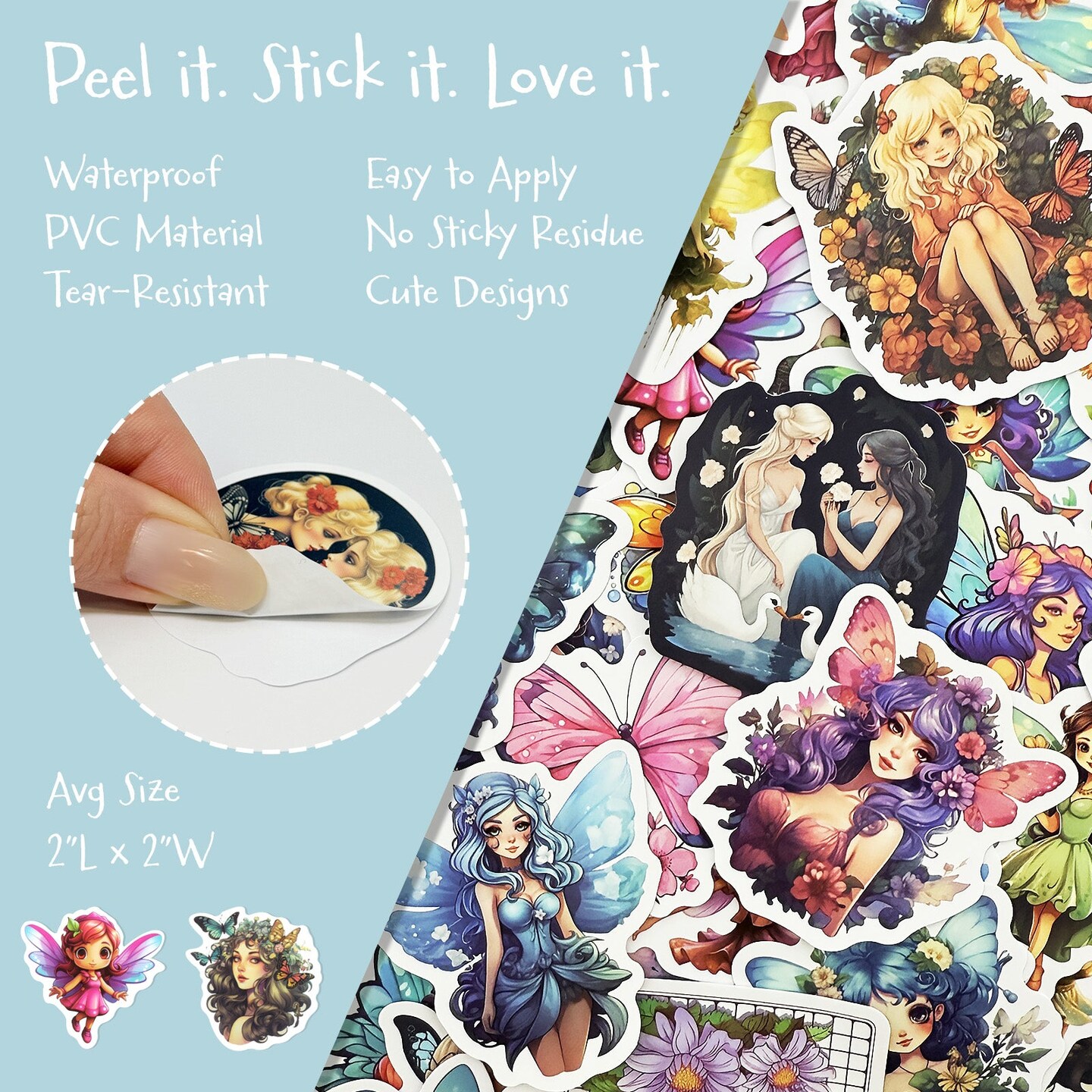 Wrapables Waterproof Vinyl Stickers for Water Bottles, Laptop, Phones, Skateboards, Decals for Teens, 100pcs, Fairies