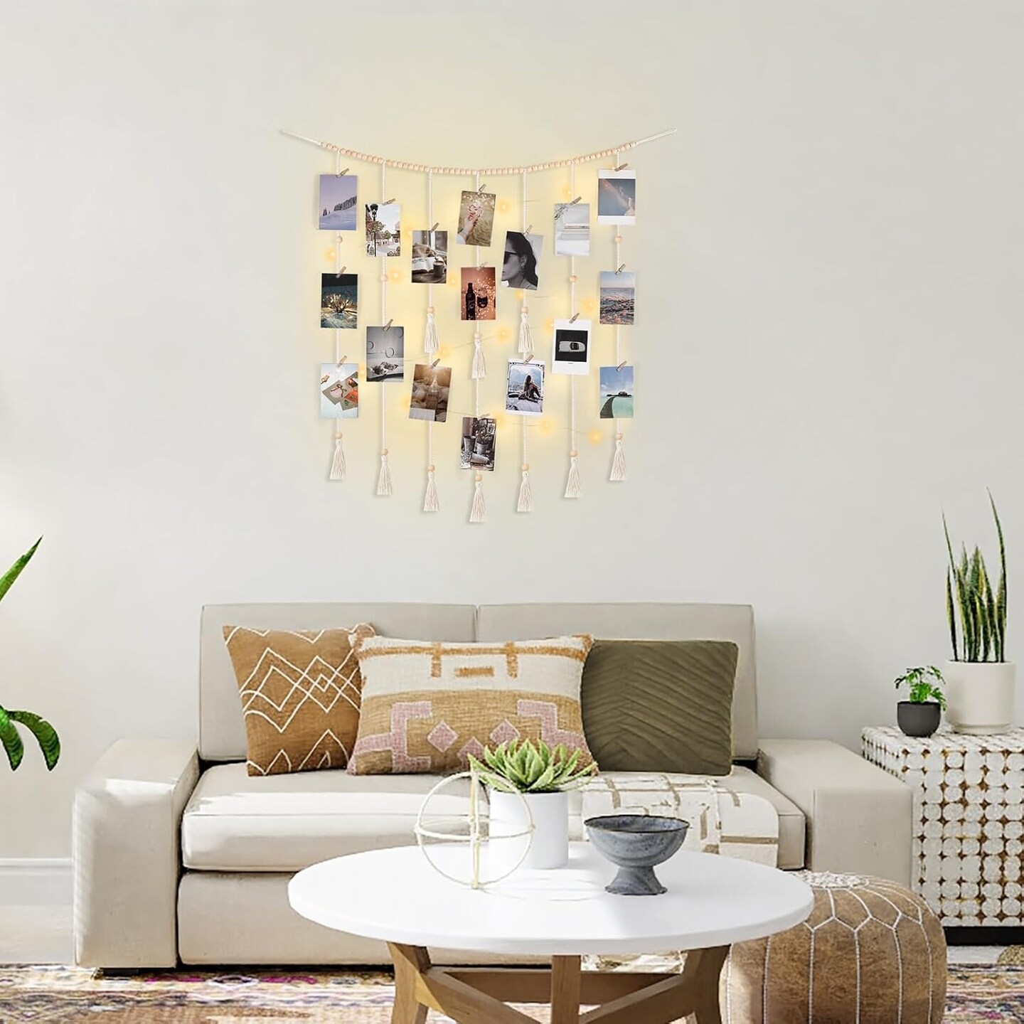 Macrame Hanging Photo Display Wall Decor with String Lights Boho Room Bedroom Wooden Beads Garland Picture Holder with 30 Clips