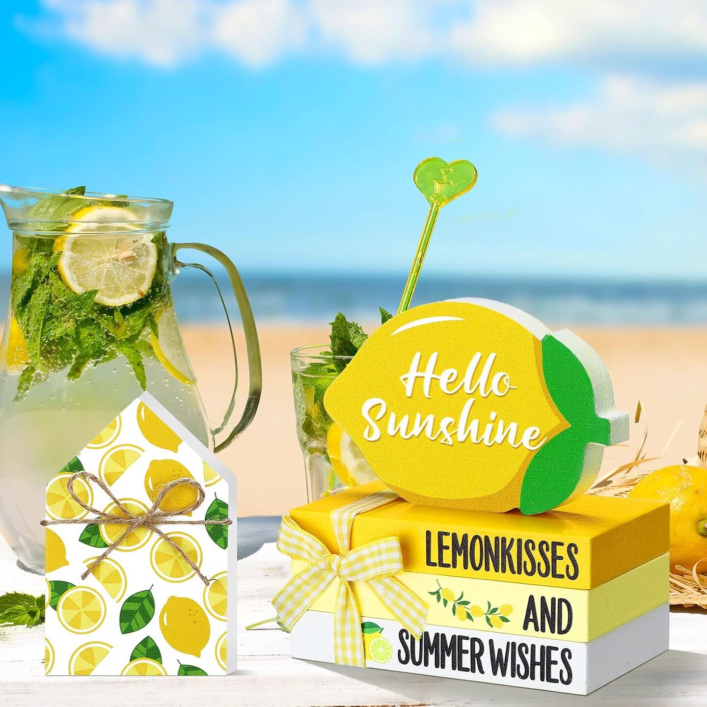 5 Pcs Summer Tiered Tray Set - Lemon Sunflower Beach Watermelon Mini Faux Books Stack with Twine Summer Wood Table Decor Starfish Truck Gnome Sign