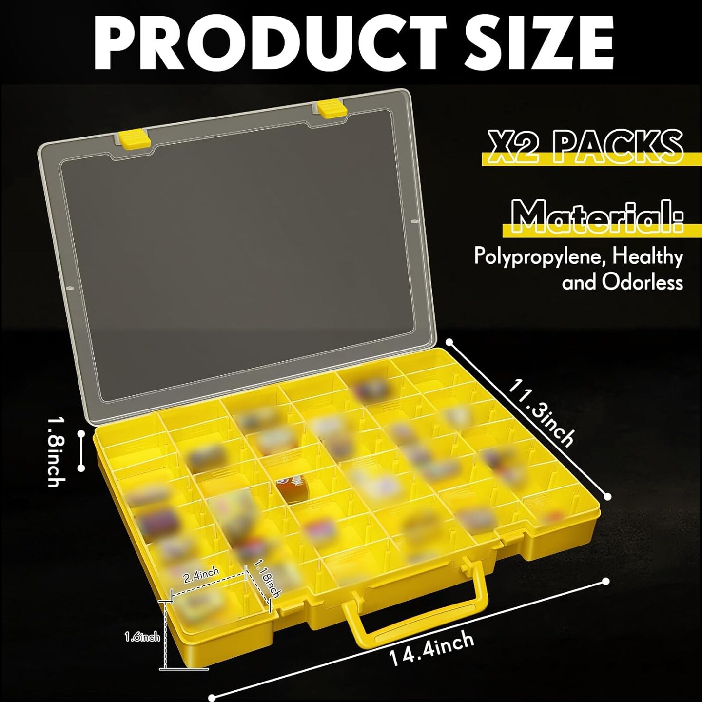 2 Pcs 48 Large Grids Clear Plastic Organizer Box with Removable Dividers Adjustable Compartment Container Storage Box Case for Small Parts Art Crafts Jewelry Bead Tackle Storage(Yellow)