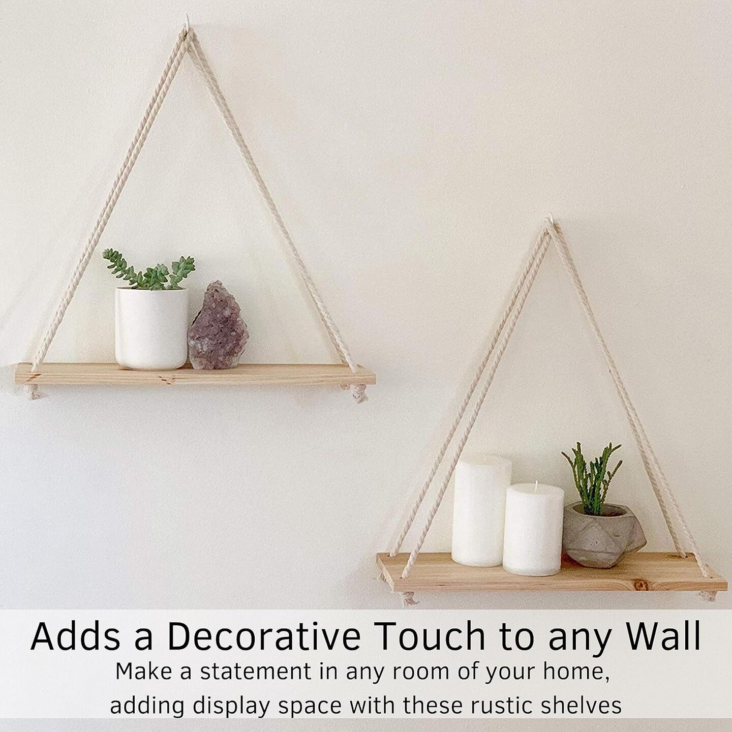 Macrame Wall Hanging Shelves, Floating Shelves Boho Rope, Lightweight Rustic Wood, Triangle Floating Shelves Easy Hanging Shelves no Drill Set of 2