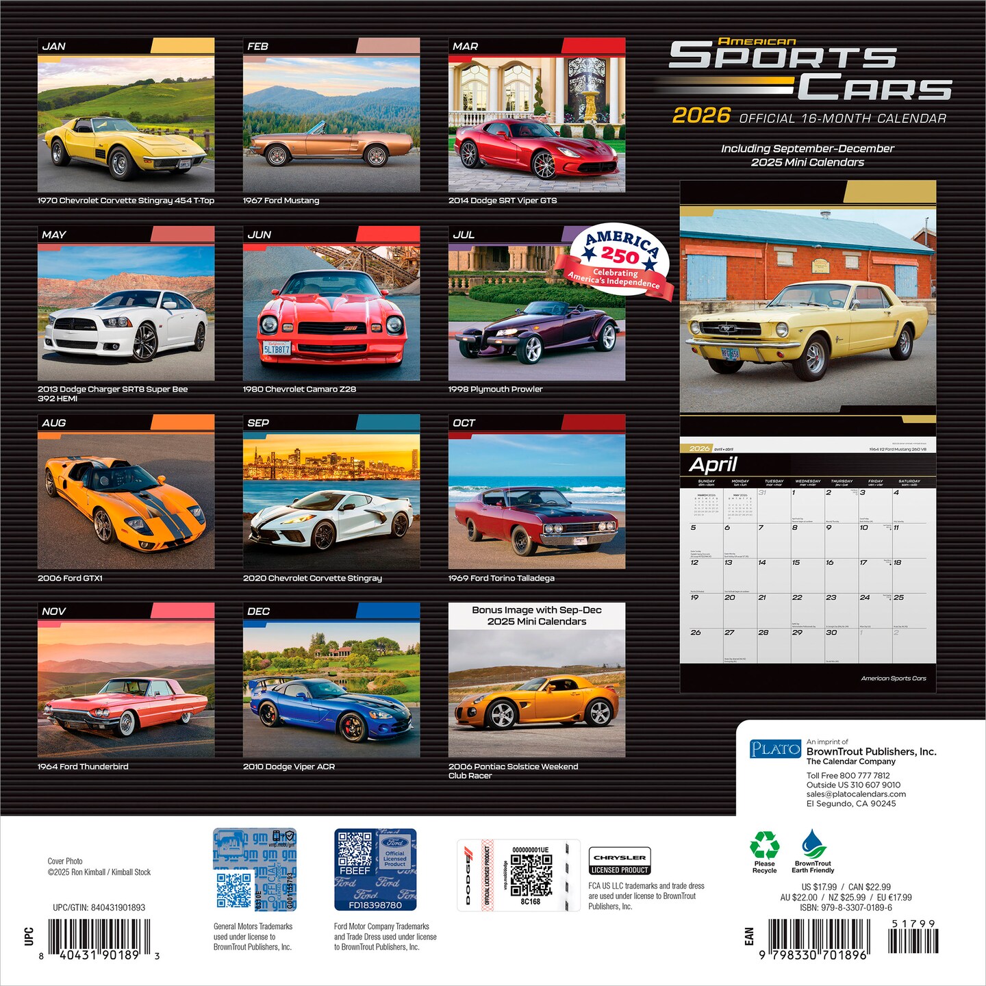American Sports Cars OFFICIAL | 2026 12 x 24 Inch (Hanging) Monthly Square Wall Calendar | Foil Stamped Cover