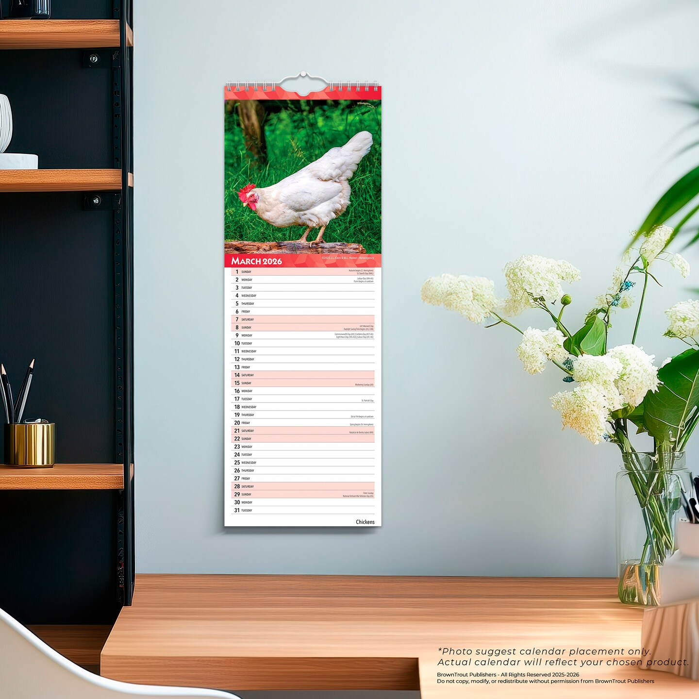 Chickens | 2026 5.7 x 16.5 Inch (Hanging) Monthly Slimline Wall Calendar