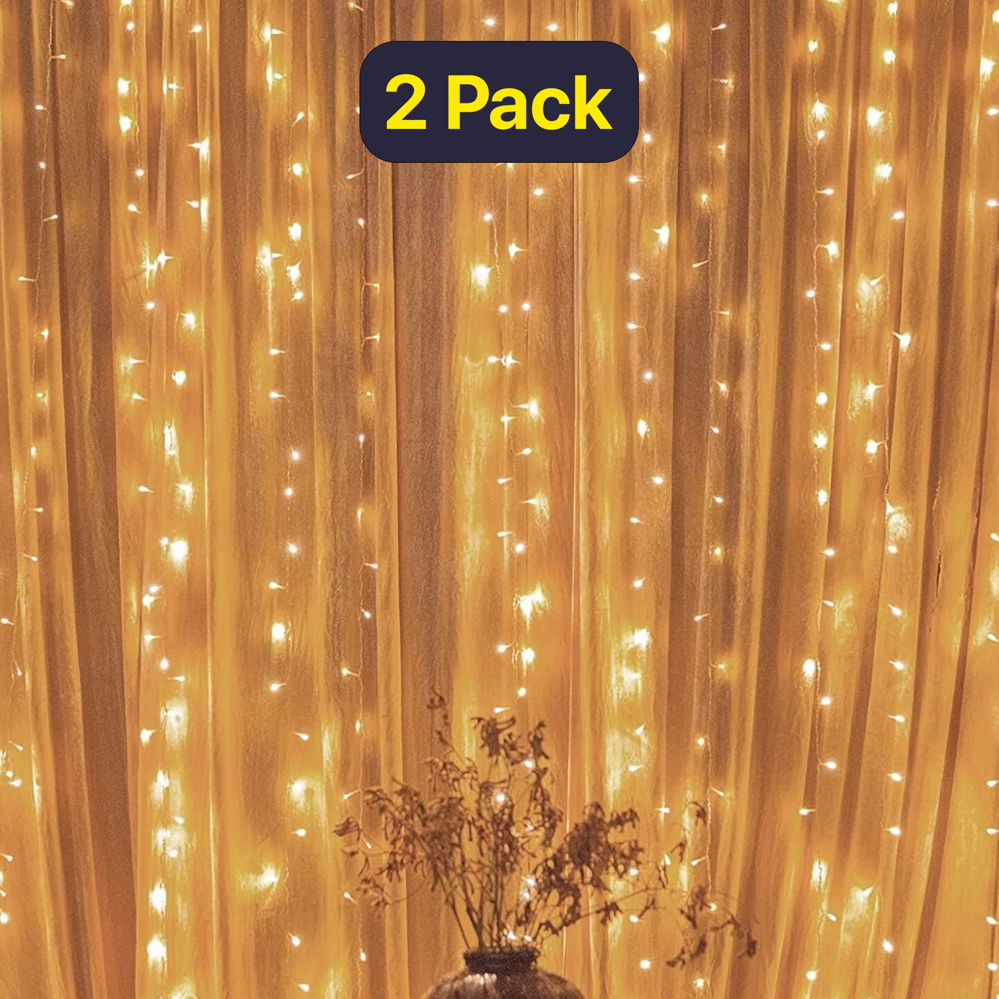 300 LED Warm White 12 Strand Curtain Light – Remote & Plug In