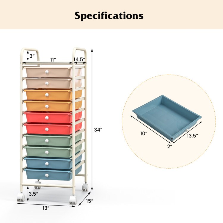 Steel Storage Cart Organizer with Drawers and Wheels