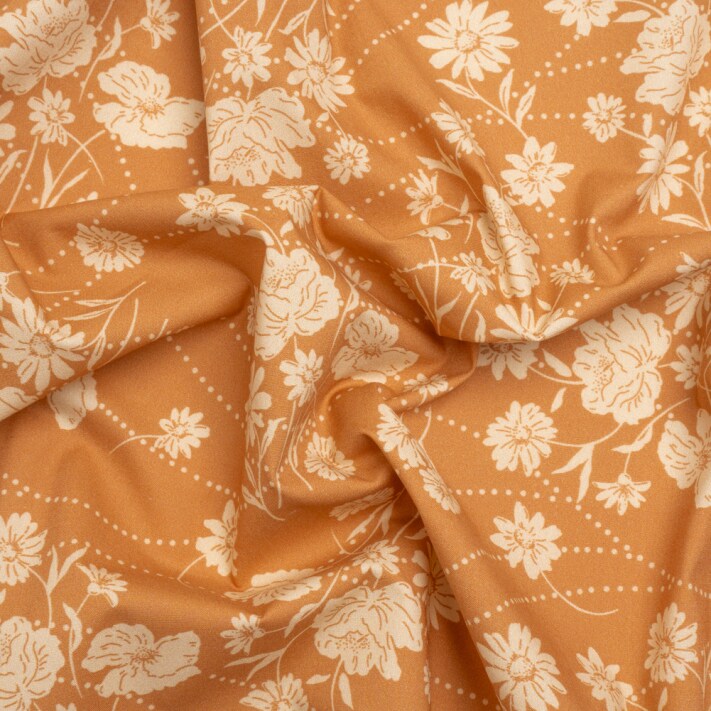 1 Yard Tan Floral Dotted Line Stretch Cotton Poplin Print Fabric