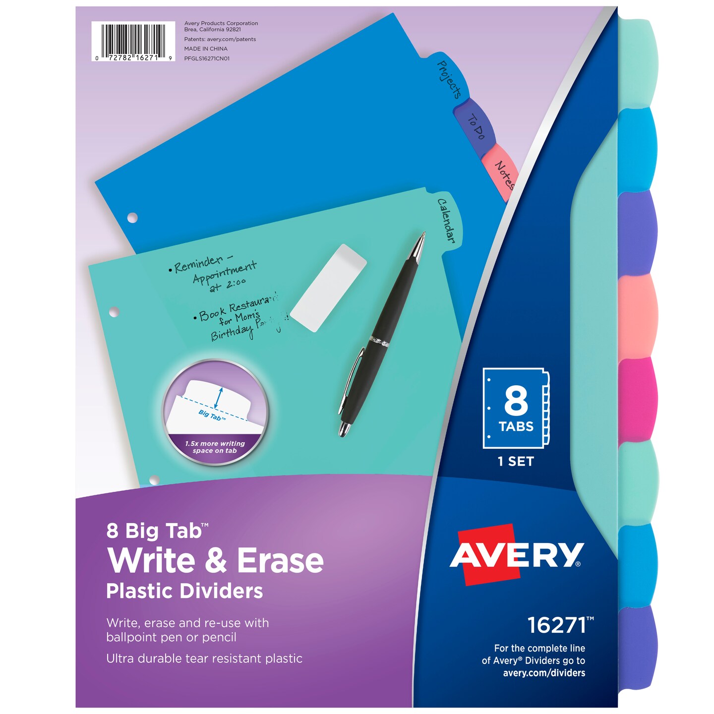 Avery Write & Erase Dividers for 3 Ring Binders, 8 Tabs per Set, Multicolor Big Tabs, Pastels, Binder Dividers Great for Organizing Reports, Projects, and More (16271)