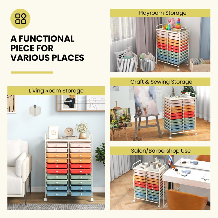 White Steel 20-Drawer Rolling Storage Cart with Wheels for Easy Organization
