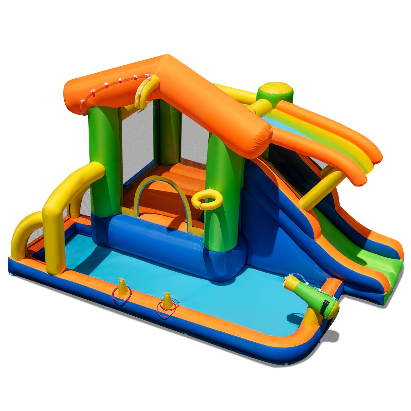 Multicolor 8-in-1 Inflatable Water Park for Kids with Slide Jumping Area Climbing Wall Basketball Football Ring Toss Splash Pool Ages 3 to 12