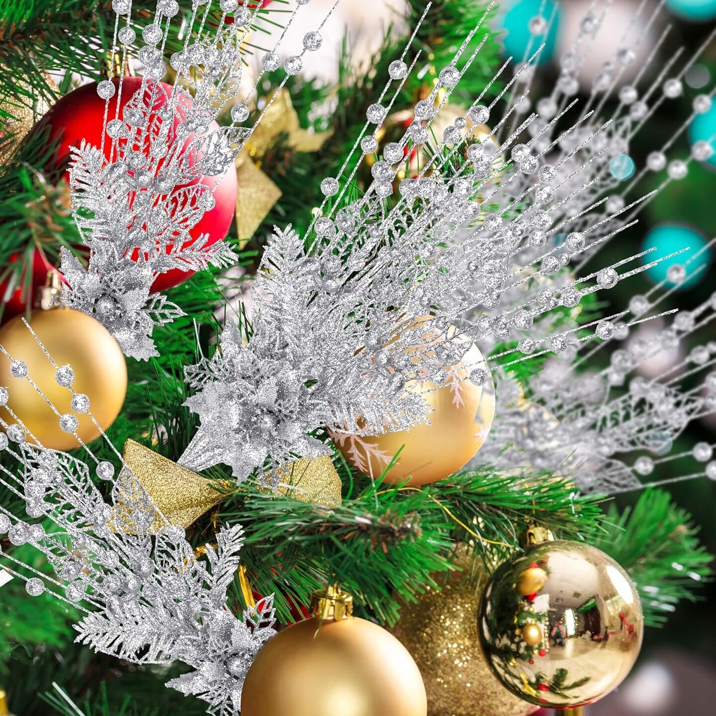 Pack Artificial Glitter Berry and Flowers Stem (Silver)