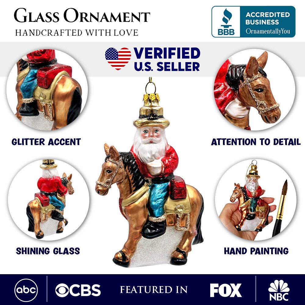Hardy Wild Western Cowboy Santa Glass Christmas Ornament, Vintage Horse Ridin Farm Style Decor
