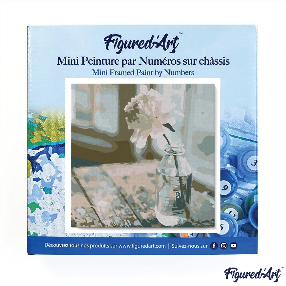 Figured&#x27;Art Mini Paint by Numbers Kit for Adults with Frame White Flower Small format 8&#x22;x8&#x22; - Craft Art Painting DIY Canvas Already Stretched on a Wooden Frame