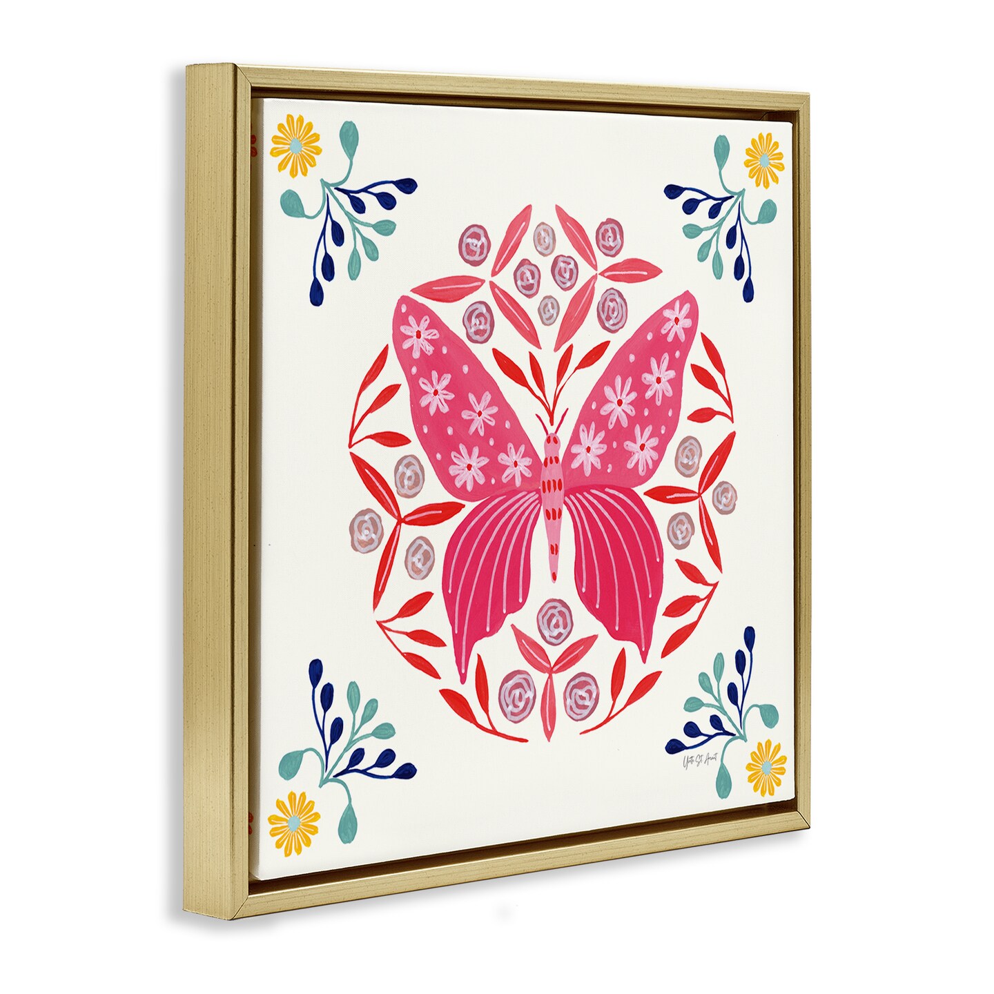 Stupell Industries Pink Folk Butterfly Floater Framed Canvas Wall Art Design by Yvette St. Amant
