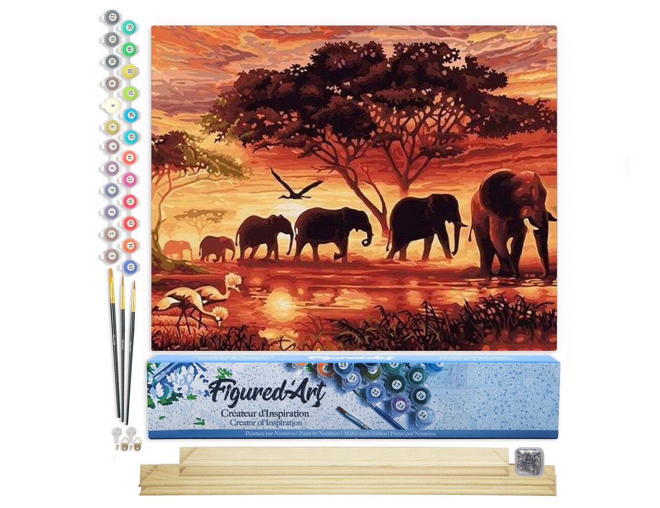 Figured&#x27;Art Paint by Numbers Kit for Adults Elephants at Sunset 16&#x22;x20&#x22; - Craft Art Painting Rolled Canvas with DIY wooden frame