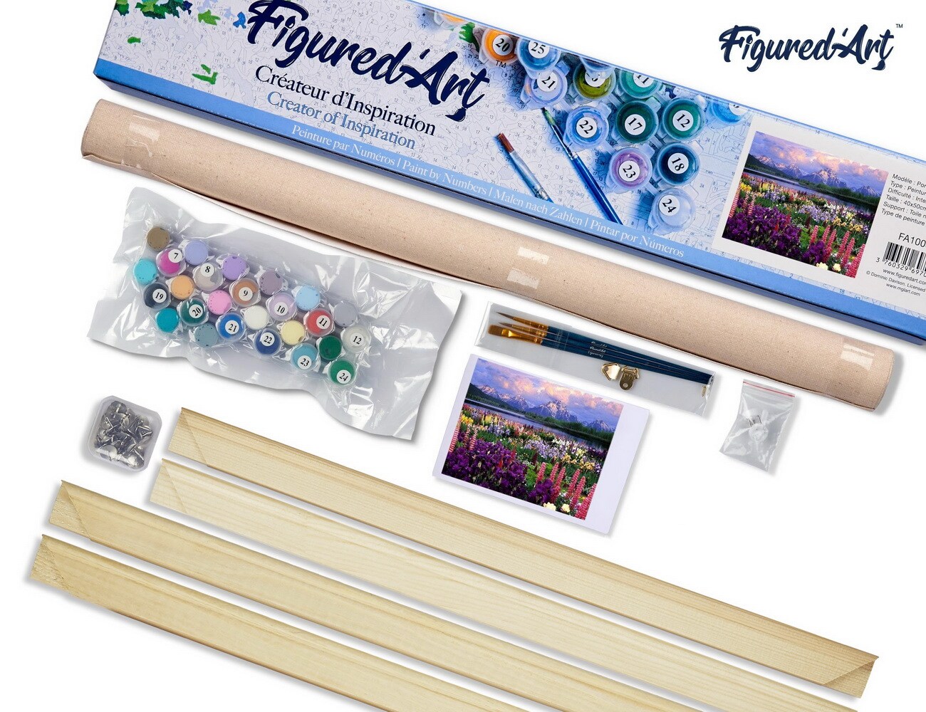 Figured'Art Paint by Numbers Kit for Adults Flowers and Lake near the Mountain 16"x20" - Craft Art Painting Rolled Canvas with DIY wooden frame