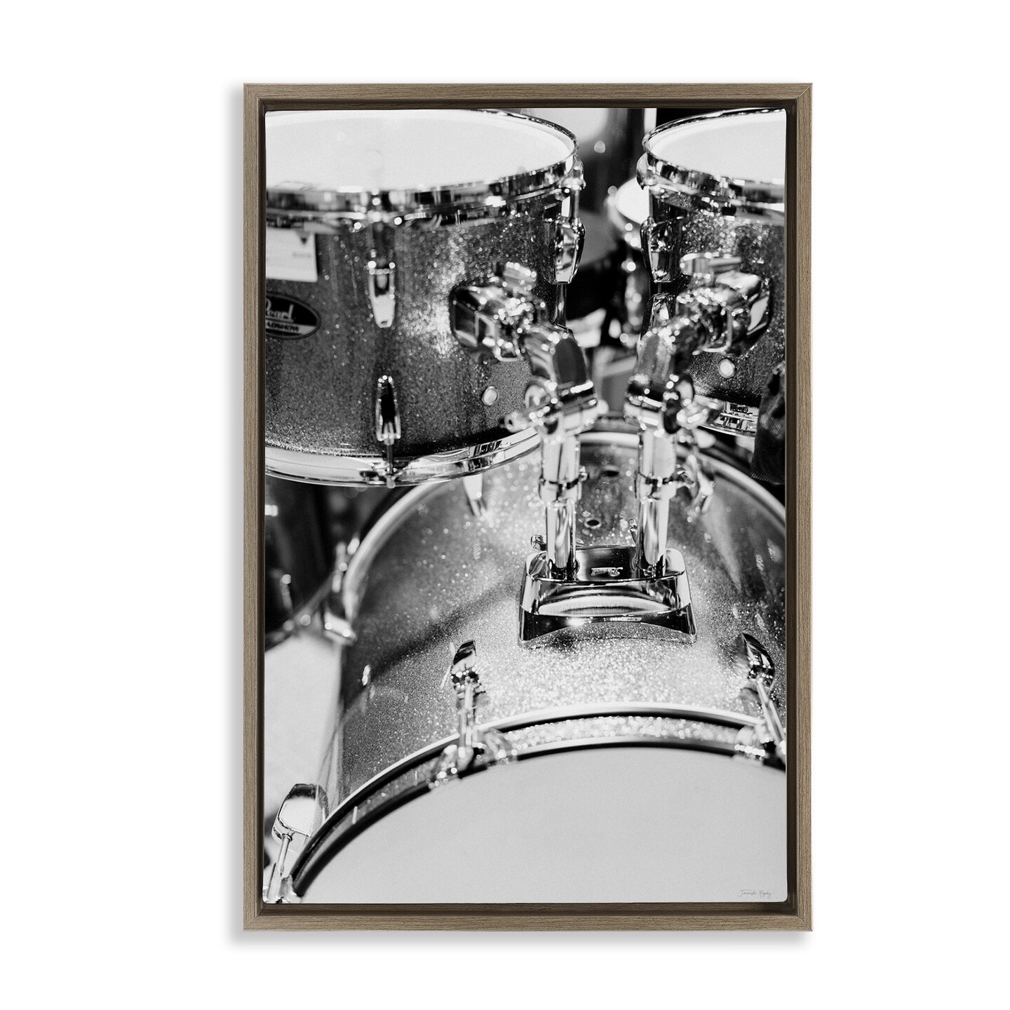 Stupell Industries Drum Set Black &#x26; White Floater Framed Canvas Wall Art Design by Jennifer Rigsby